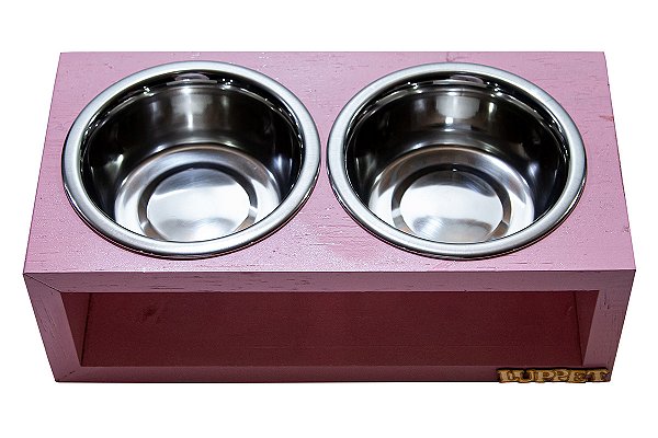 Comedouro Duplo De Madeira Com Potes Inox Para Gatos E Cachorros Rosa