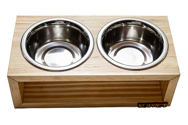 Comedouro Duplo De Madeira Com Potes Inox Para Gatos E Cachorros