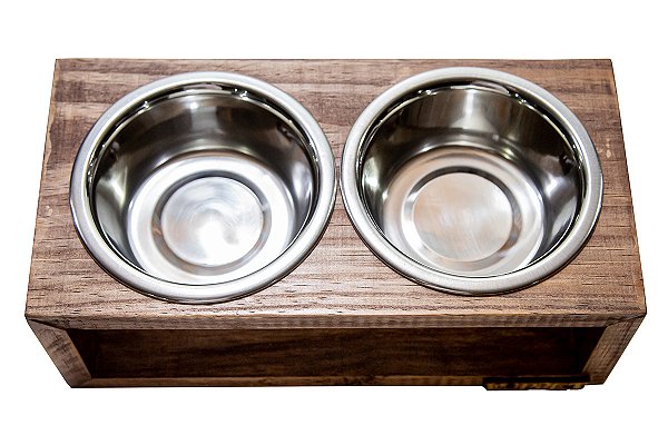 Comedouro Duplo De Madeira Com Potes Inox Para Gatos E Cachorros Marrom