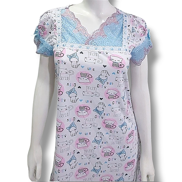 Camisola Princesa Encantada Feminina Adulto: Roupa de dormi|Estampa Gatinha | Renda Barrada