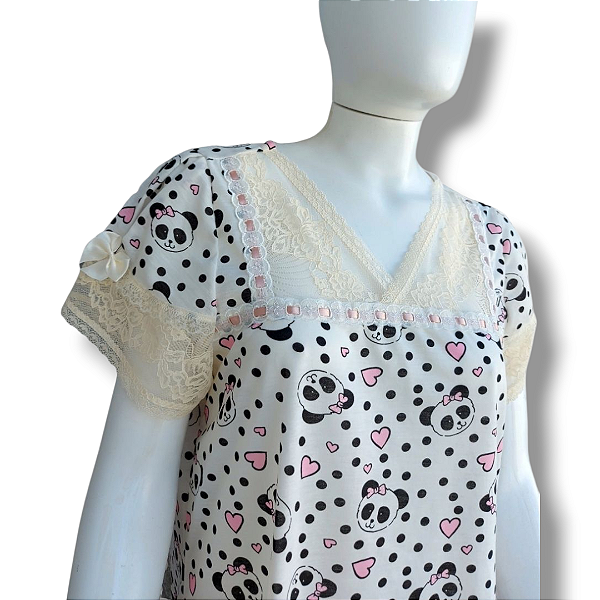 Camisola Princesa Encantada Feminina Adulto:Roupa de dormir|Estampa Urso panda- Renda barrada cor Marfim|Tamanho G