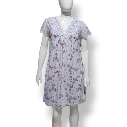 Camisola Delicada Adulto Roupa de dormir Femenina Estampa bailarina manga rendada lilás e branco