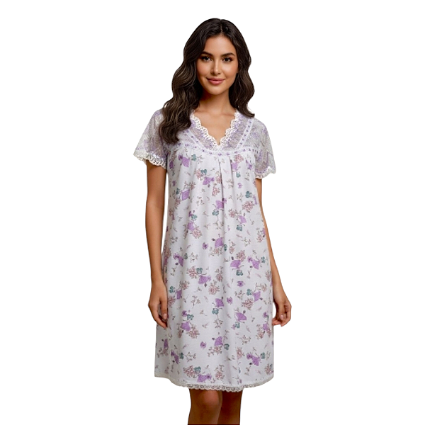 Camisola Delicada Adulto Roupa de dormir Femenina Estampa bailarina manga rendada lilás e branco