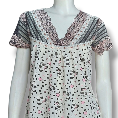 Camisola Delicada Adulto Roupa de dormir Estampa Urso panda manga na renda Rosê Golden e preto