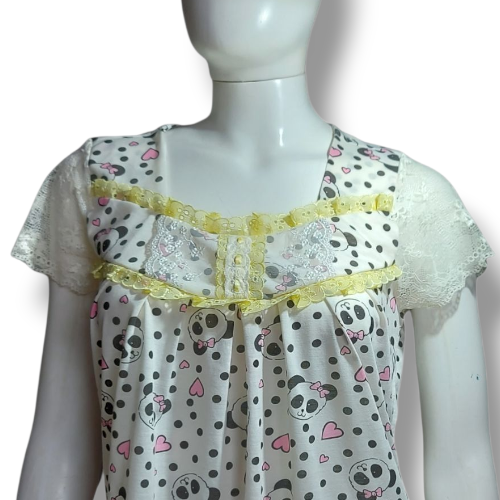 Camisola Isadora Manga Curta Roupa de Dormir Estampa Urso panda tira bordada amarelo