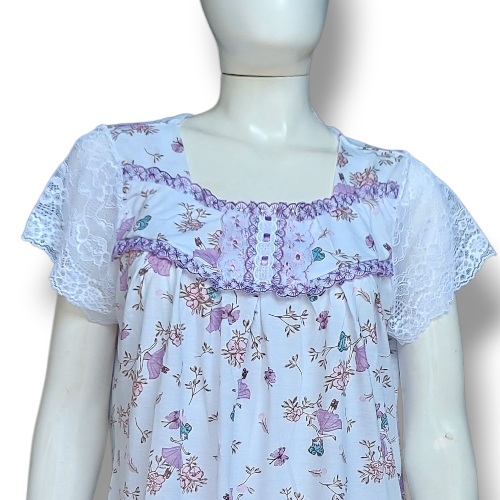 Camisola Isadora manga rendada Roupa de dormir Estampa bailarina Tira bordada inglês lilás brilhante