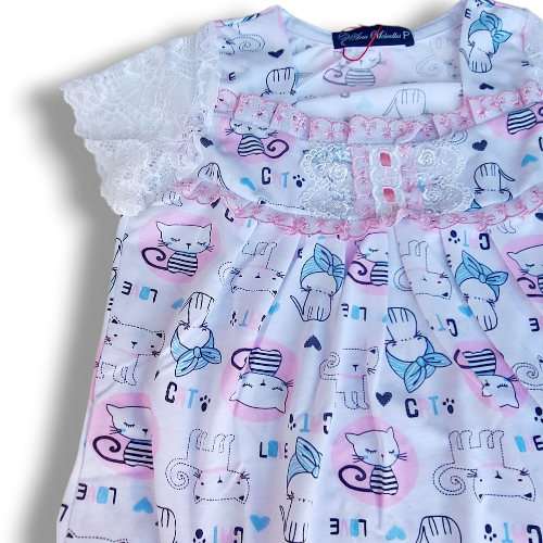 Camisola Infantil Isadora manga na renda barrada estampa Gatinha tira bordada cor rosa