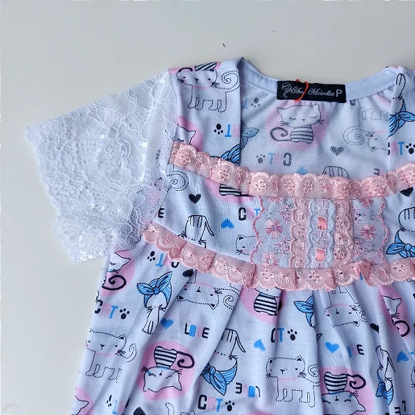 Camisola Infantil Isadora manga na Renda barrada Estampa gatinha tira bordada rosa bebê