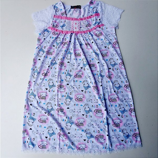 Camisola Infantil Isadora manga na renda barrada estampa gatinha/Tira bordada rosa escuro |veste 12 anos