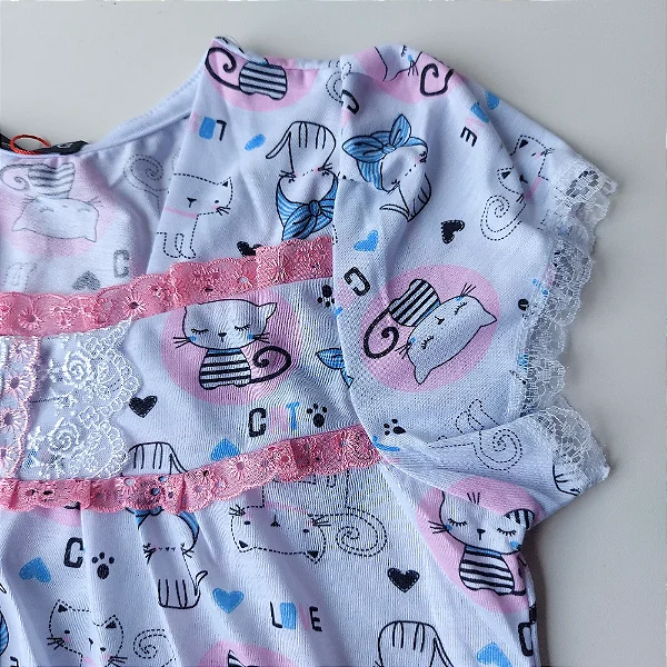 Camisola Infantil Isadora manga Básica Estampa gatinha Tira bordada cor rosa escuro Veste 10 -12 Anos