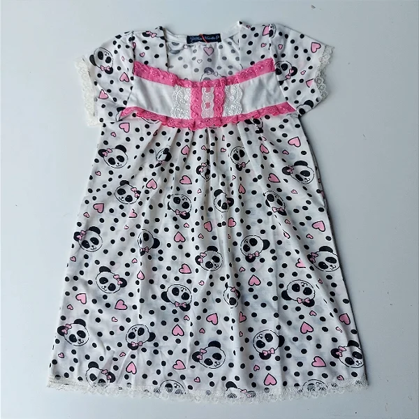 Camisola Isadora infantil com manga curta /Estampa urso panda |Tira bordada Cor Rosa escuro