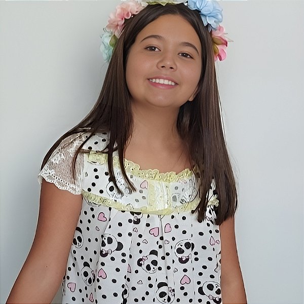 Camisola Isadora infantil com manga rendada |Roupa de dormir Estampada urso panda |Tira bordada Cor Amarelo