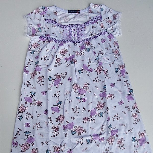 Camisola Infantil Isadora Manga Básica estampa bailarina tira bordada lilás brilhante