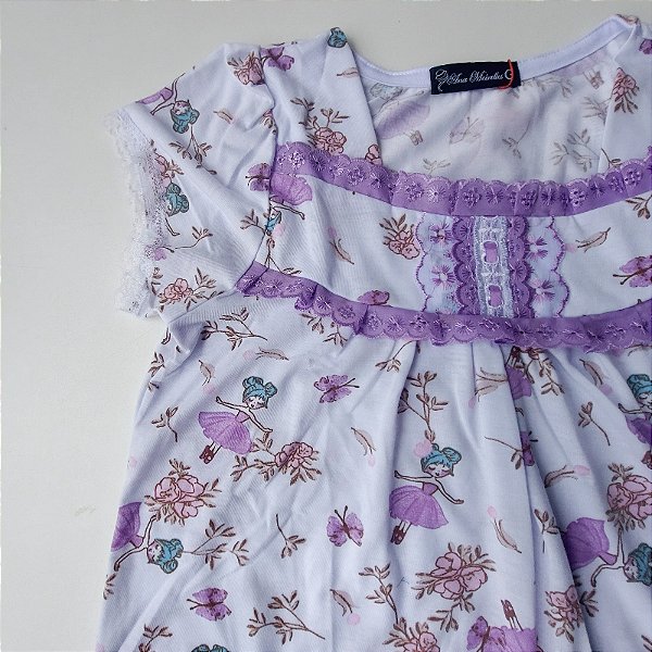 Camisola Isadora infantil com manga básica Roupa de dormir Estampa bailarina tira bordada lilás fosca