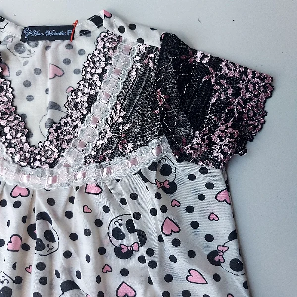 Camisola Delicada infantil Estampa urso panda cor renda preta e rosa