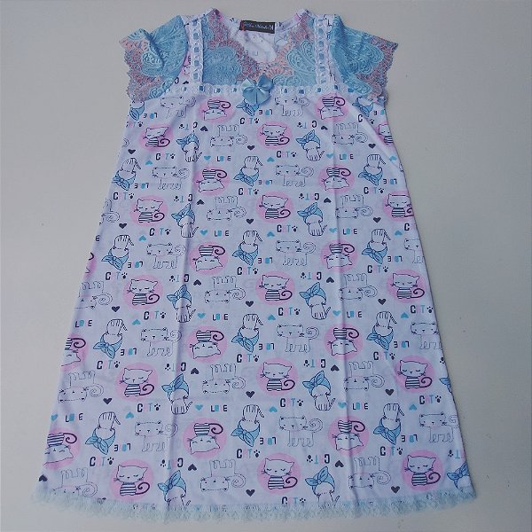 Camisola infantil Princesa encantada Estampa gatinha | Manga na renda barrada Azul e Rosê Golden