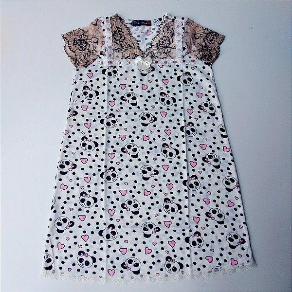 Camisola infantil Princesa encantada Estampa urso panda | Manga na renda barrada Cor Cáqui