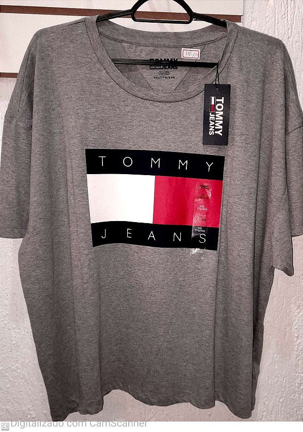 Camiseta Tommy Hilfiger Fem Logo Tommy Jeans cor cinza - Tamanho