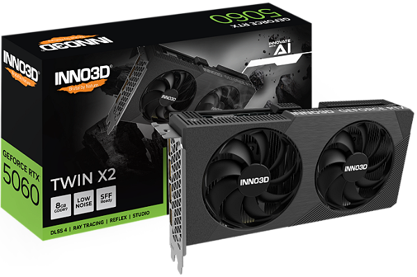 Placa de Video Inno3D RTX 5060 Twin X2 NVIDIA Geforce, 8GB, 128bits, 2497MHz, FP4 e DLSS 4, Ray Tracing - N50602-08D7-195071N