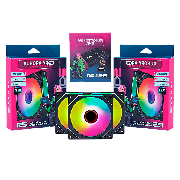 Kit com 3 Fans ARGB Reverse Aurora Round5 e Controladora.