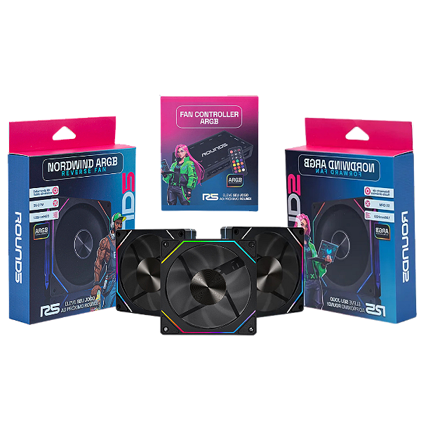 Kit com 3 Fans ARGB Reverse Nordwind Round5 e Controladora.