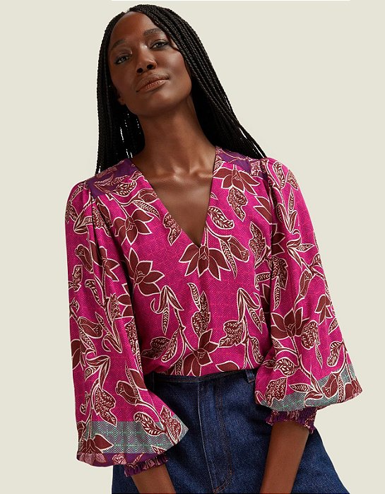 SHOULDER BLUSA BARRADO FLORAL ORQUIDEA