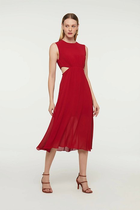 ANIMALE VESTIDO DE GORGETTE PESADO MIDI VERMELHO RIO RECORTE CINTURA