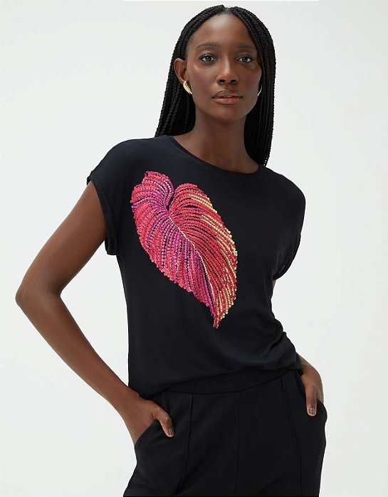 SHOULDER T-SHIRT FOLHA BORDADA