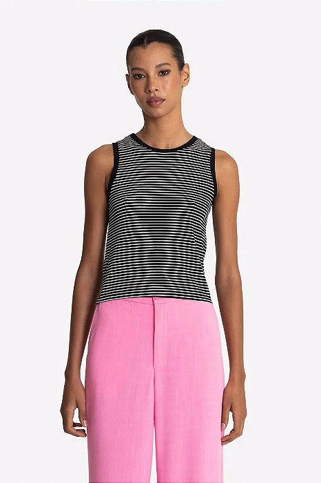 SLY BLUSA REGATA COM DECOTE CANOA EM VISCOSE LISTRADA