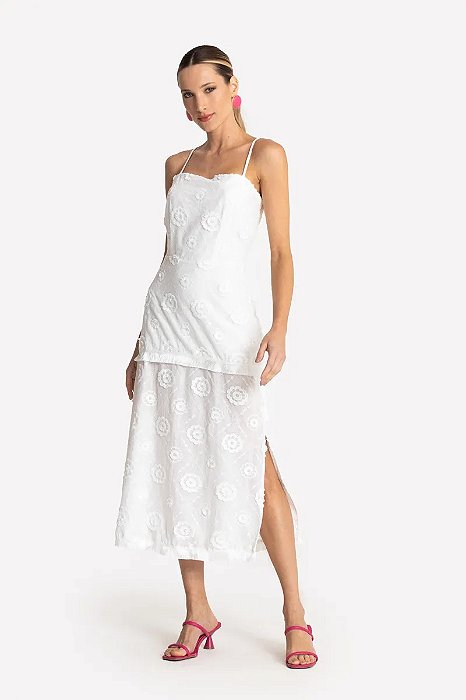 SLY VESTIDO MIDI DE ALÇAS FINAS E FENDAS LATERAIS EM TECIDO DE ALGODÃO BORDADO