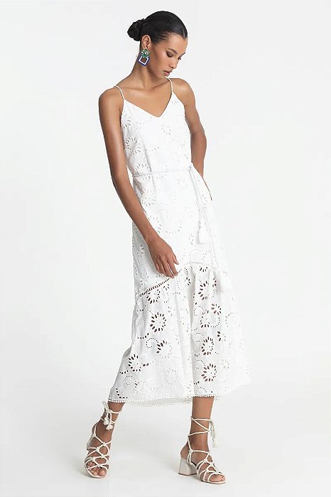 SLY VESTIDO MIDI ALÇA DECOTE V EM LAISE COM DETALHE DE RENDA