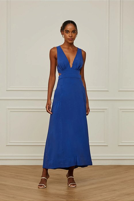 ANIMALE VESTIDO MIDI DECOTE V AMARRAÇÃO COSTAS AZUL MAZARINE