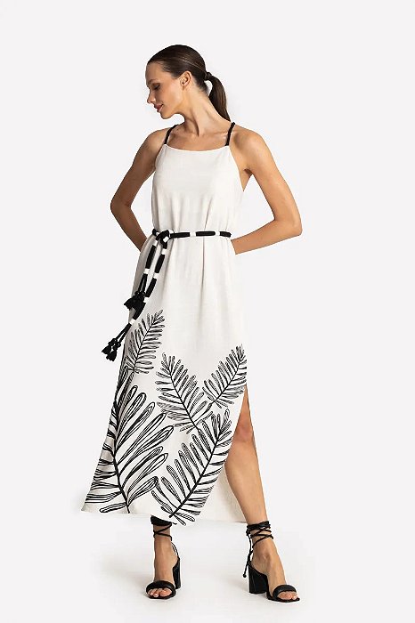 SLY VESTIDO MIDI COM ESTAMPA NA FRENTE EM VISCOSE  COM LINHO