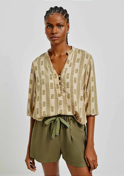 HERING BLUSA FEMININA ESTAMPADA DECOTE V MANGA BUFANTE