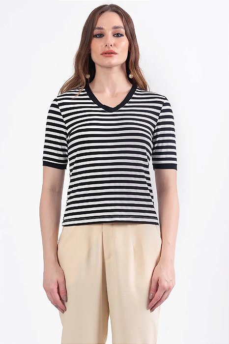 SLY BLUSA CURTA DECOTE V MANGA EM MALHA