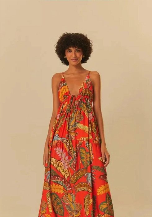 FARM VESTIDO LONGO FOLHAGEM COOL VERMELHO