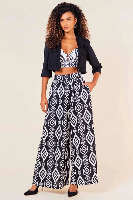 MYPLACE CALÇA DE LINHO AMPLA ESTAMPADA NAVAJO PRETO