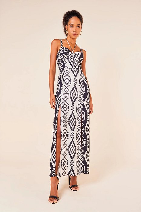 MYPLACE VESTIDO LONGO COM FENDA LATERAL MIX ESTAMPA NAVAJO PRETO