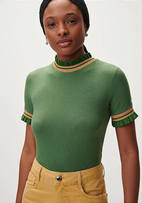 LEZ A LEZ BLUSA CANELADO COM GOLA ALTA RETILÍNEA