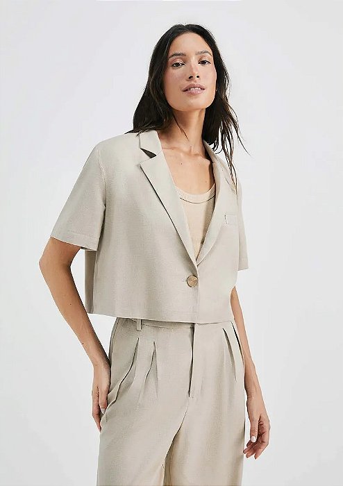 HERING BLAZER FEMININO CROPPED MANGA CURTA COM LINHO - BEGE