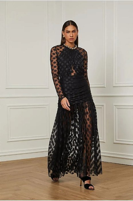 ANIMALE VESTIDO DE TULE LONGO POA PRETO MANGA COMPRIDA