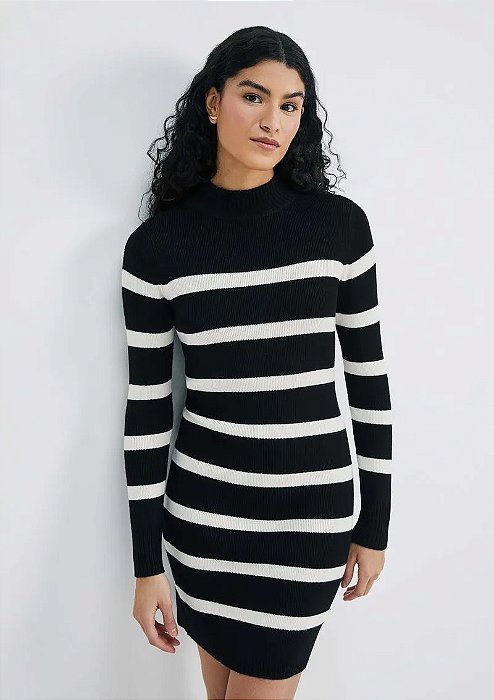HERING VESTIDO CURTO MANGA LONGA LISTRADO EM TRICÔ