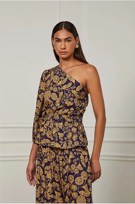 ANIMALE BLUSA DECOTE UM OMBRO SÓ MANGA LONGA  COM DETALHE DE LASTEX NA CINTURA ESTAMPADA  FLORAL PORCELANA
