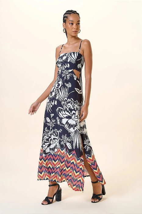 MYPLACE VESTIDO LONGO DECOTE RETO RECORTE NAS LATERAIS ESTAMPA DESENHO DE FLORES
