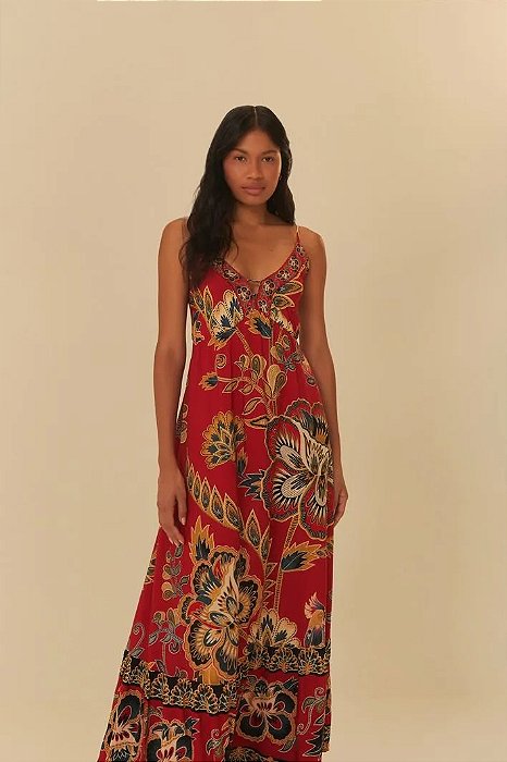 FARM VESTIDO LONGO ALÇA ETAMPADO FLORAL PEQUIM