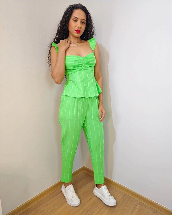 MYPLACE CALÇA LINHO LISTRAS BORDADAS MENTA