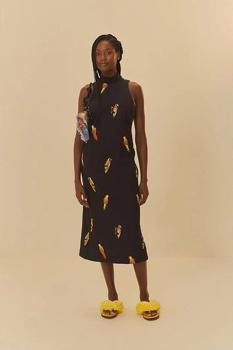 FARM VESTIDO MIDI ESTAMPADO PASSAROS COLORIDOS