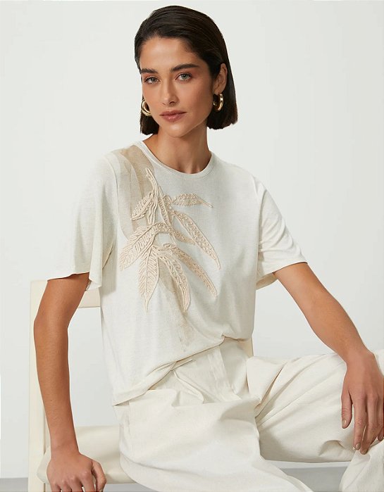 SHOULDER T-SHIRT VISCOLINHO BORDADO FOLHAGEM
