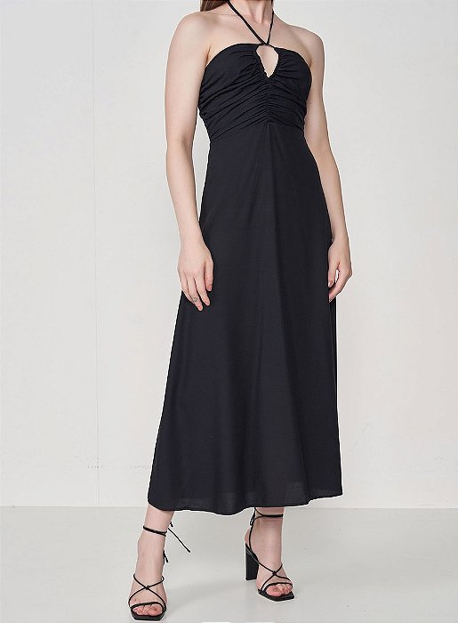 COLCCI VESTIDO MIDI SLIM JOANA COM FRANZIDO E AMARRAÇÃO PRETO