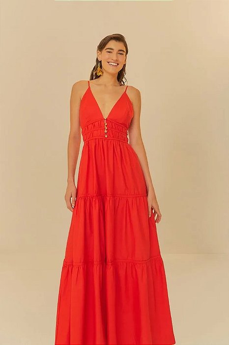 FARM VESTIDO LONGO FRANZIDO ALCINHAS VERMELHO MORANGO